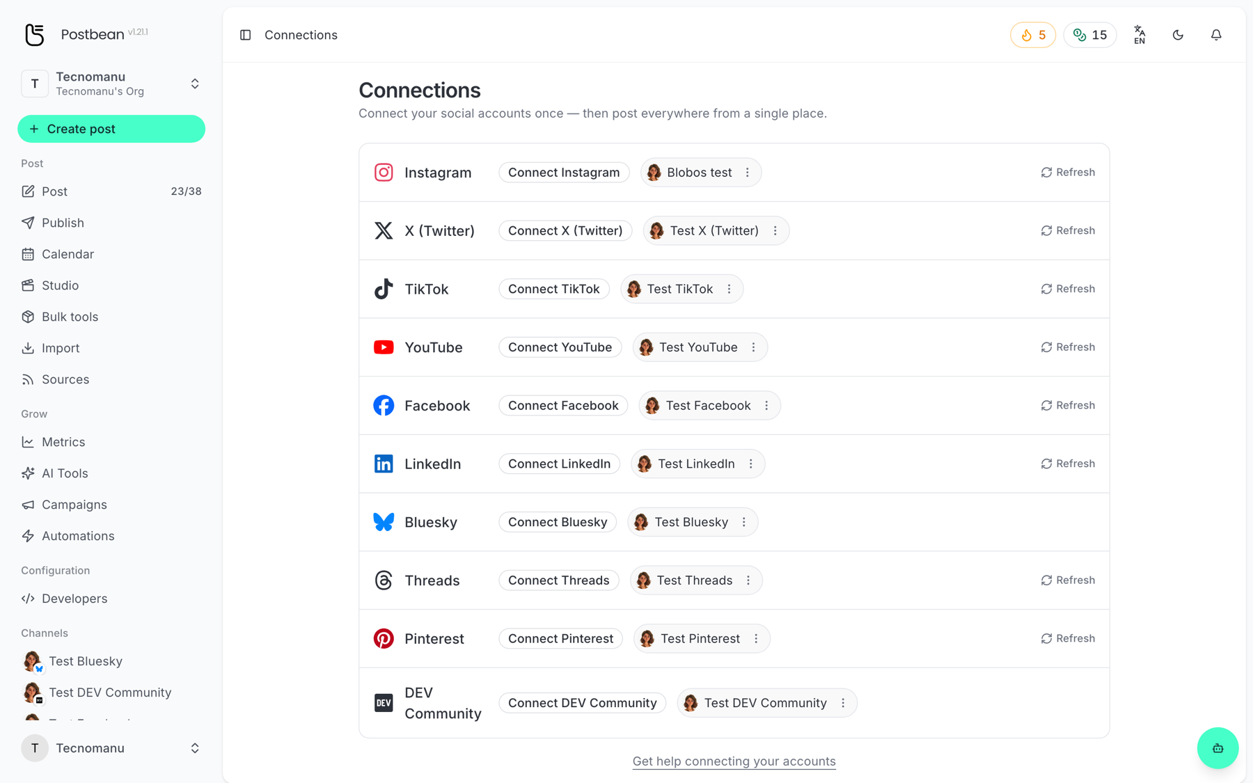 The Connections screen, with one account linked per network