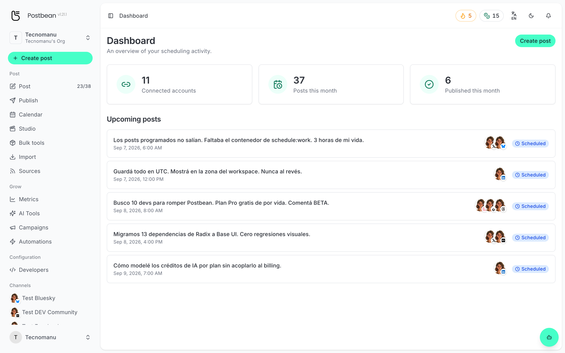 The Postbean dashboard