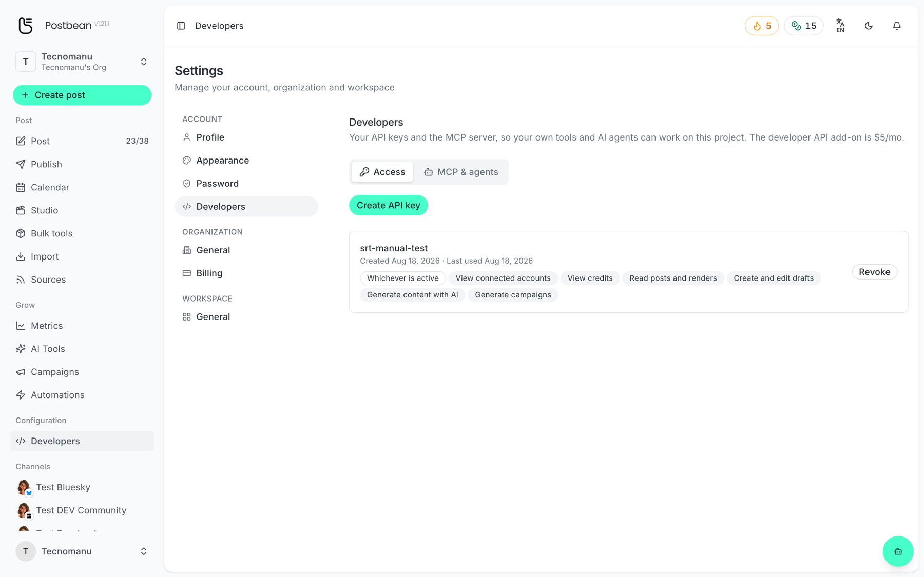 The Developers screen, with an API key and its permissions