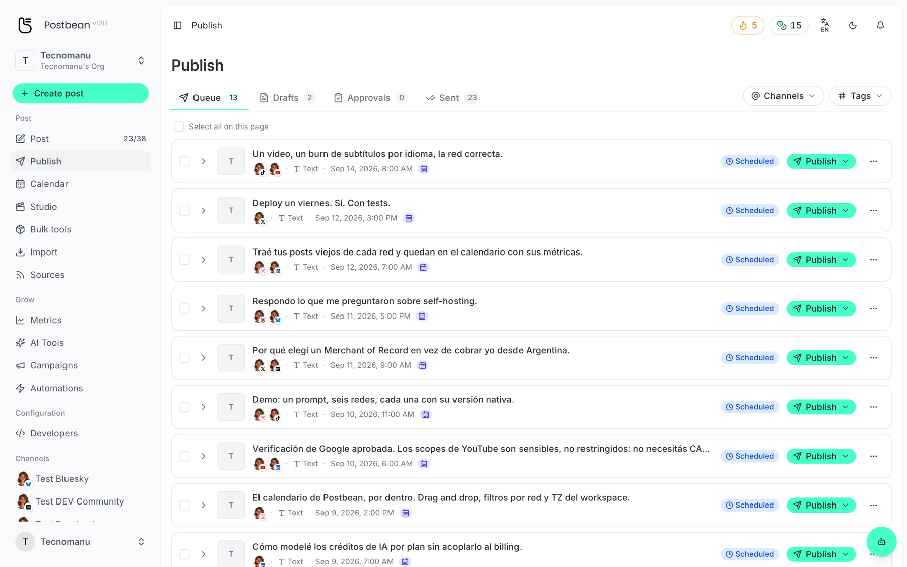 The Publish hub, on the Queue tab